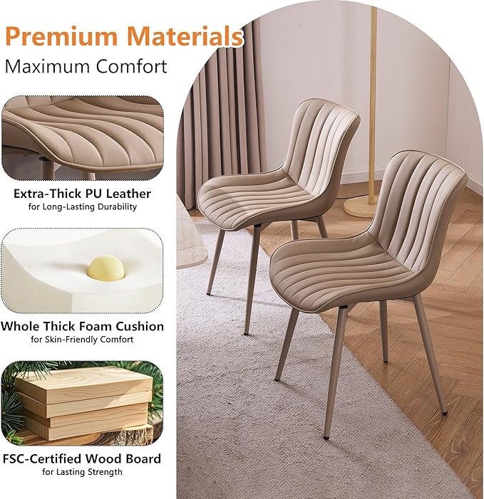 YOUNUOKE Mid-Century Modern Dining Chairs Set of 2 Khaki PU Leather Upholstered Kitchen Chairs with Khaki Metal Legs Armless Accent Chair for Dining Room Guest Reception Room