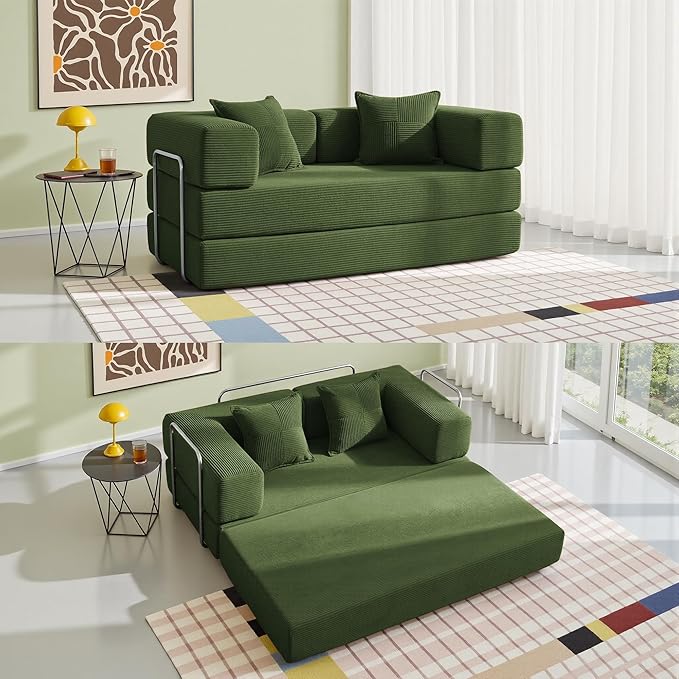 YINIX Sofa Bed 62'' Folding Floor Couch Compressed Convertable Sleeper Sofa Memory Foam Couch with Pillow Back Support Armrest 4-in-1 Futon Sofa Bed for Living Room Emerald