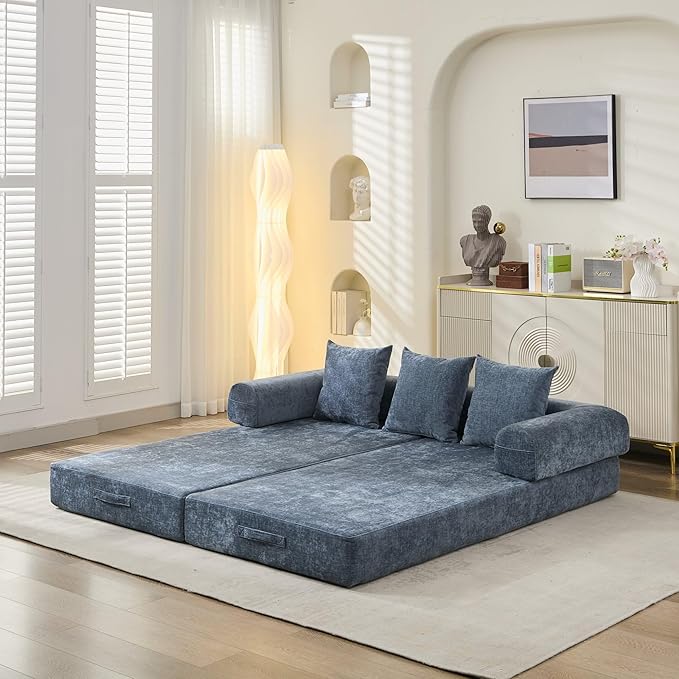Convertible Folding Sofa Bed Modular Floor Couch 78.8‘’ Cloud Sleeper Sofa with Removable Backrest Chenille Foldable Mattress Couch Lazy Loveseat for Small Space Apartment Bedroom Blue
