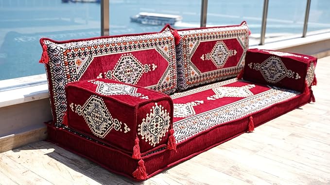 arabicsofa Maroon Arabic Floor Seating Sofa – Handmade Majlis Set for Guest Room