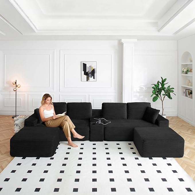 150 Inch Modular Sectional Sofa Couch Oversized Modern Cloud Couch for Living Room U Shape Couches with 2 Ottomans USB Ports and Cup Holders Black Corduroy Boneless Sofas Sofa in a Box