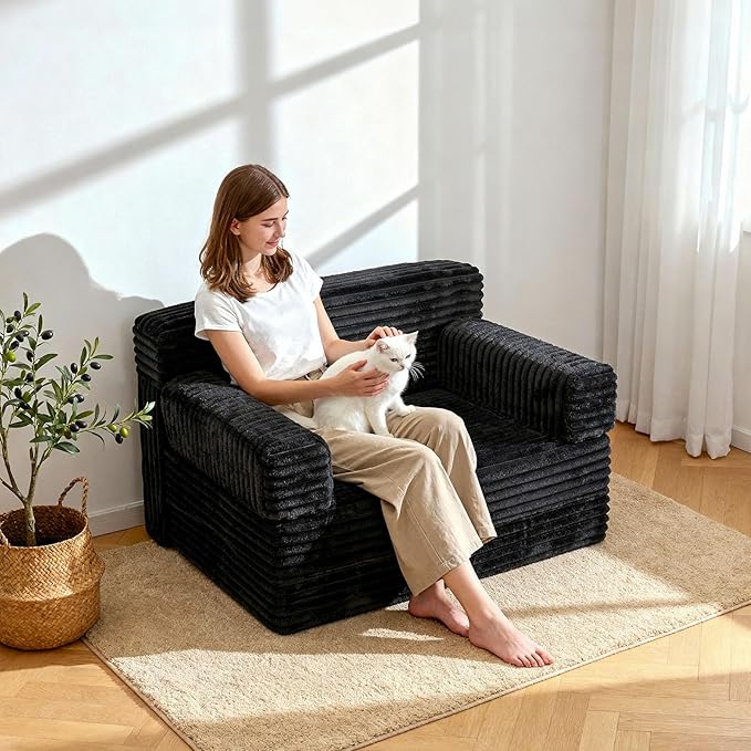 Folding Sofa BedConvertible Sofa Bed with Armrest Foldable Sleeper Chair Portable Folding 4-in-1 Floor Sofa with Convertible Lounge Chair for Living RoomBedroomWashable CoverBlack Single