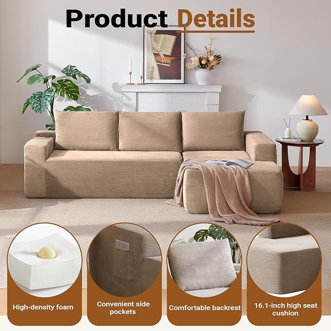 97 Cloud Sectional Couch Modern Boneless Couch with L-Shape Chaise Deep Seat Modular Sectional Sofa Corduroy Corner Foam Couches for Living RoomNo Assembly Required (Camel Right Chaise)