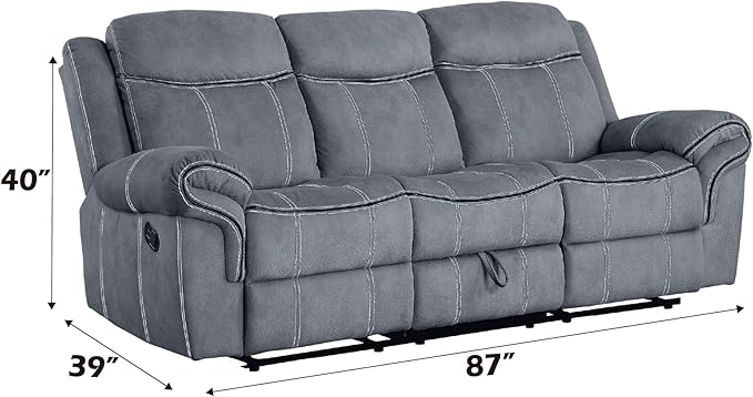 Acme Furniture Zubaida 41 x 87 Modern Velvet Reclining Sofa with USB Dock 1 Storage Drawer Tight Back &amp Seat Cushion in 2-Tone Gray Finish