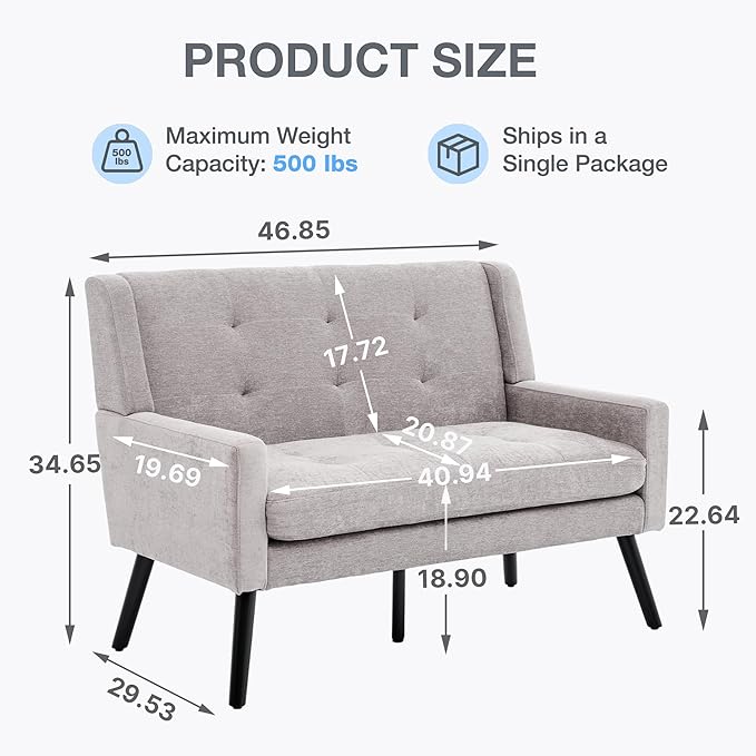 Mid-Century 47 Small Loveseat Sofa Plush Linen Fabric with Button Tufted High Back and Solid Wood Legs for Apartment Living Room Bedroom Home Office (Light Grey 2-Seater)