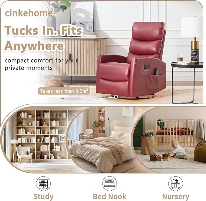 cinkehome Small Swivel Rocker Recliner Chair with Heated Massage Upholstered Nursery Glider Recliner Chair High Back Side Pocket (Red PU Leather)