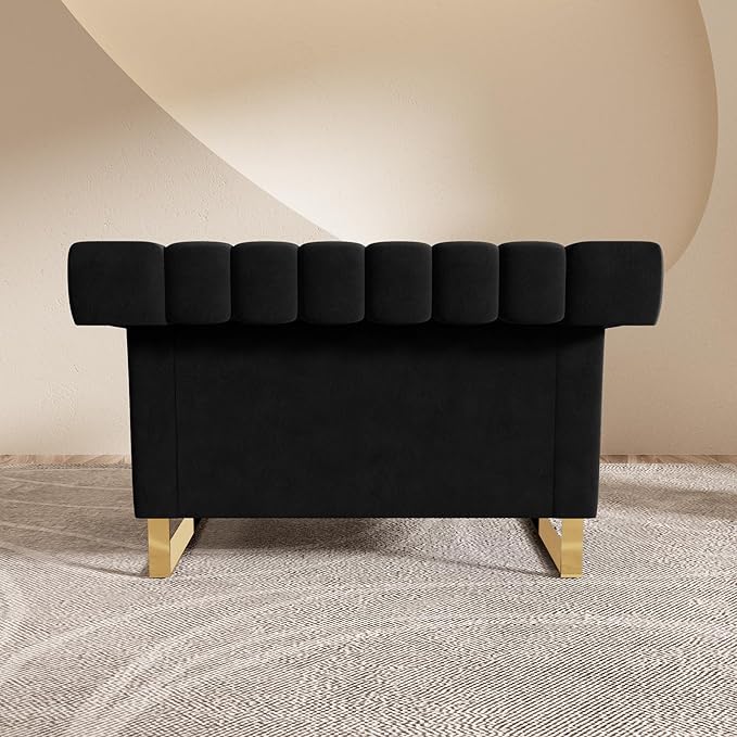 Mid-Century Modern Black Velvet Single Sofa with Gold Metal Legs 49 Luxury Chesterfield Comfy Black Sofa Chair for Living Room (Black-1 Seater)