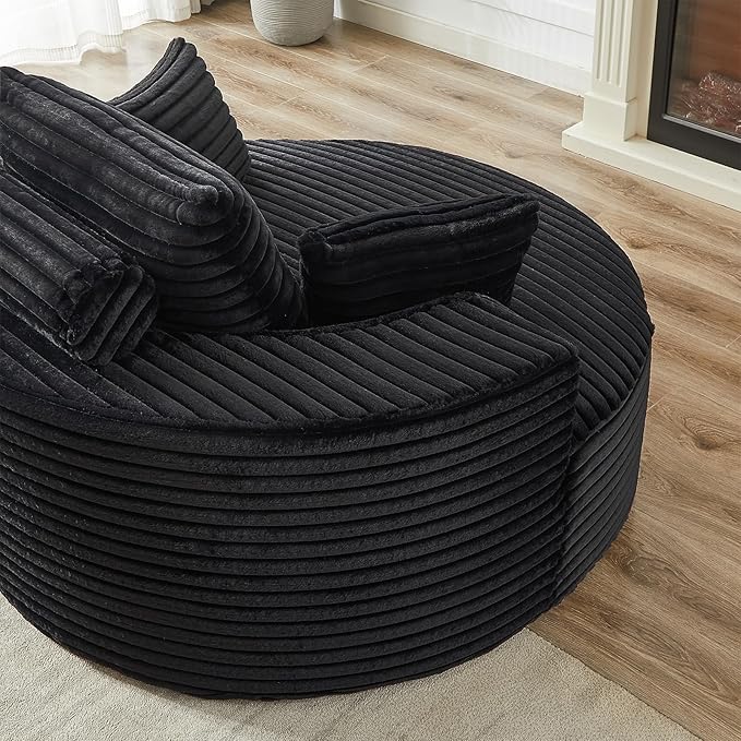 55 inch Chaise Lounge Chair Indoor Oversized Round Accent Chair Modern Corduroy Sponge Single Sofa Fluffy Sleeper Chair Deep Seat Comfortable Chair for Living Room Bedroom Apartment Black