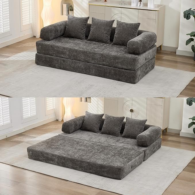 Convertible Sofa Bed 4-in-1 Floor Foldable Couch Bed with Armrests &amp Pillow Chenille Fabric No Assembly Required Comfy Memory Foam Couch Lounge Sofa for Living Room Grey