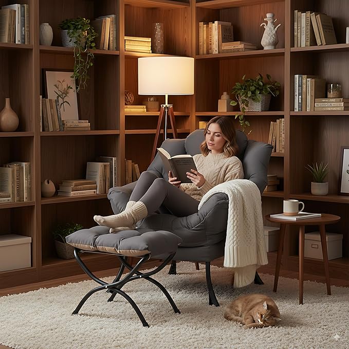 LITA Lazy Chair with Ottoman Modern Accent Leisure Upholstered Lazy Sofa Armchair Contemporary Lounge Reading Chair with Armrests and a Side Pocket for Living Room Bedroom &amp Small Space Dark G