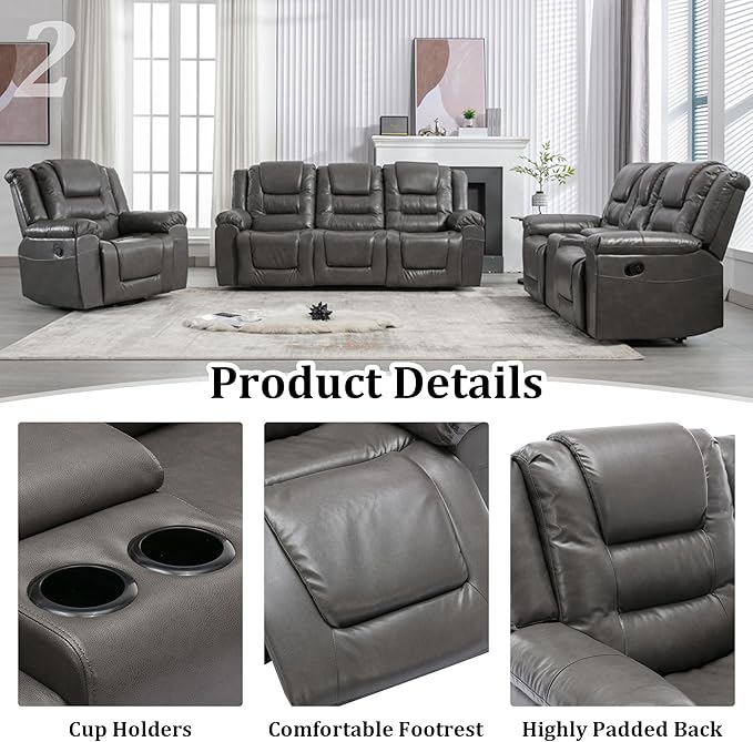 Leather Reclining Sofa SetHome Theater Seating with Center Console Storage Cup Holders 2 Seater for Living RoomOfficeHome TheaterRV. Loveseat(Grey)