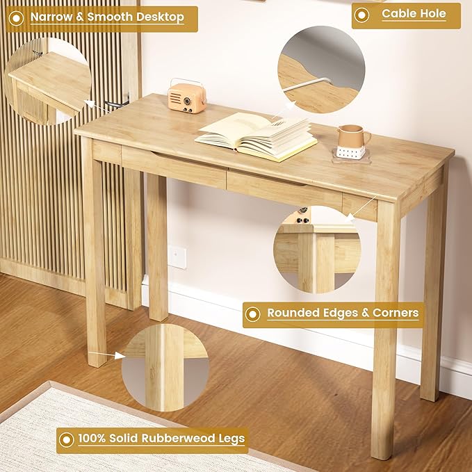 Solid Wood Desk with Drawers - 39 x 16 Inch Boho Narrow Desks Mid Century Modern Desks Rubber Wood Study Table Small Writing Desk for Bedroom|Small Spaces Natural