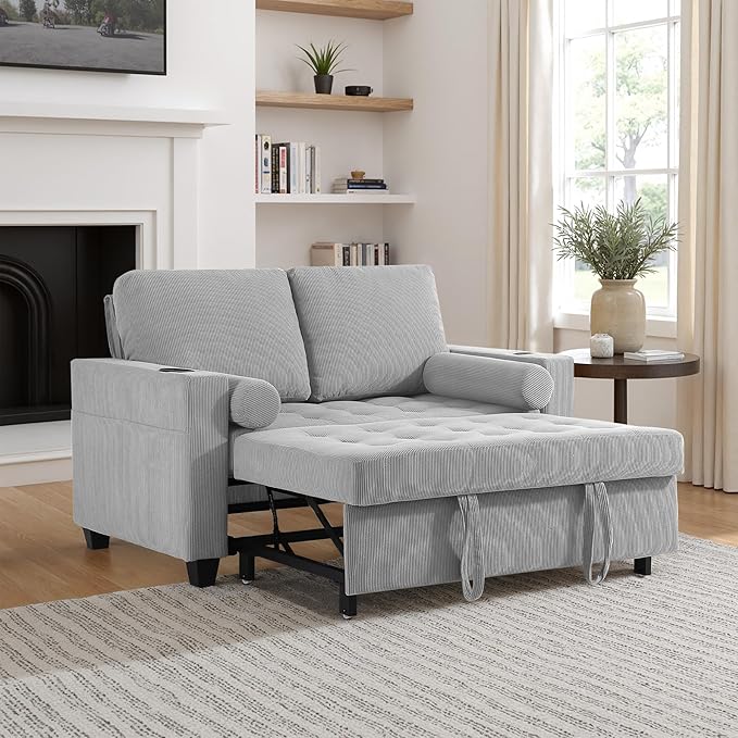 55 Convertible Sofa Bed Comfy Corduroy Sleeper Sofa with Pull-Out Bed 3-in-1 Loveseat Sleeper Sofa Bed with 3-Levels Adjustable Backrest Side Pocket Cup Holder USB for Living RoomLight Gray