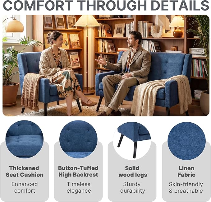 Mid-Century Modern 47 Small Loveseat &amp Accent Chair Combo Set Plush Linen Fabric with Button Tufted High Back &amp Solid Wood Legs for Apartment Living Room Bedroom Home Office (Blue 2-Piec