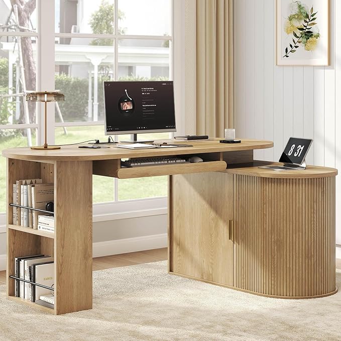 HSH Office L Shaped Computer Desk Large Reversible L Desks with Storage Cabinet and Keyboard Tray Home Office Corner Executive Desk with Power Outlet for Study Workstation Oak 60 Inch