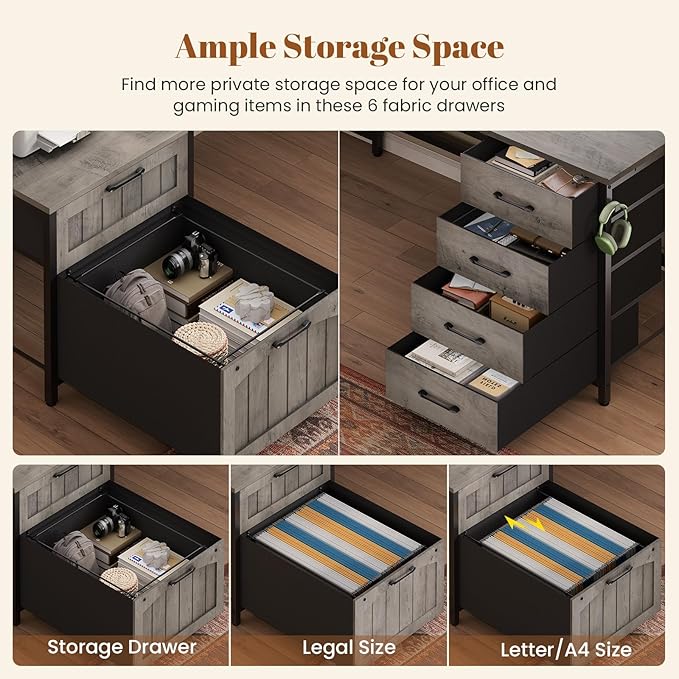 SEDETA Farmhouse L Shaped Office Desk with 6 Drawer Reversible Computer Desk with Power Outlet Hutch for Home Office/Two Person Corner Desk with File Drawer &amp Printer Storage Shelves Grey