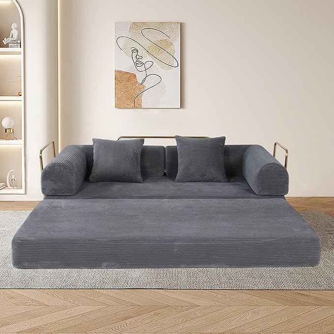 Foldable Sofa Bed 75 Inch Boneless Couch Convertible Memory Foam Sleeper Sofabed Floor Mattress with 2 Pillows Microfiber Cloud Sofa for Living Room Apartment No Assembly (Grey)