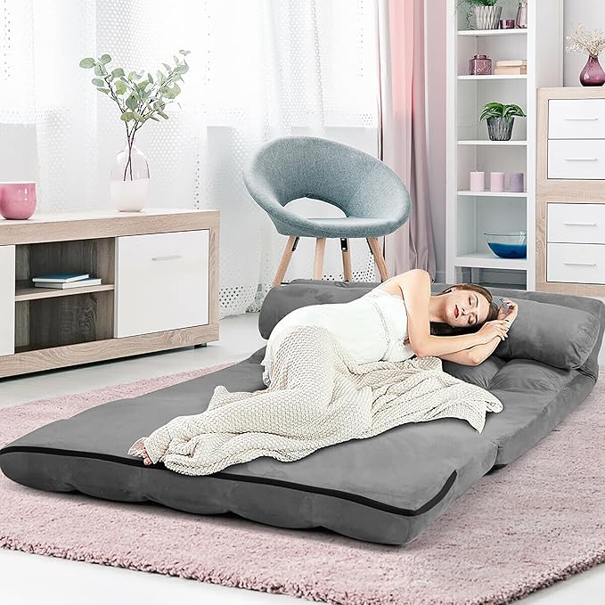 DORTALA Foldable Floor Sofa 6-Position Adjustable Lounge Couch with 2 Pillows &amp Suede Cloth Cover Modern Lounge Mattress Video Gaming Lazy Couch Floor Seating Sofa 71 x 44.5 Grey
