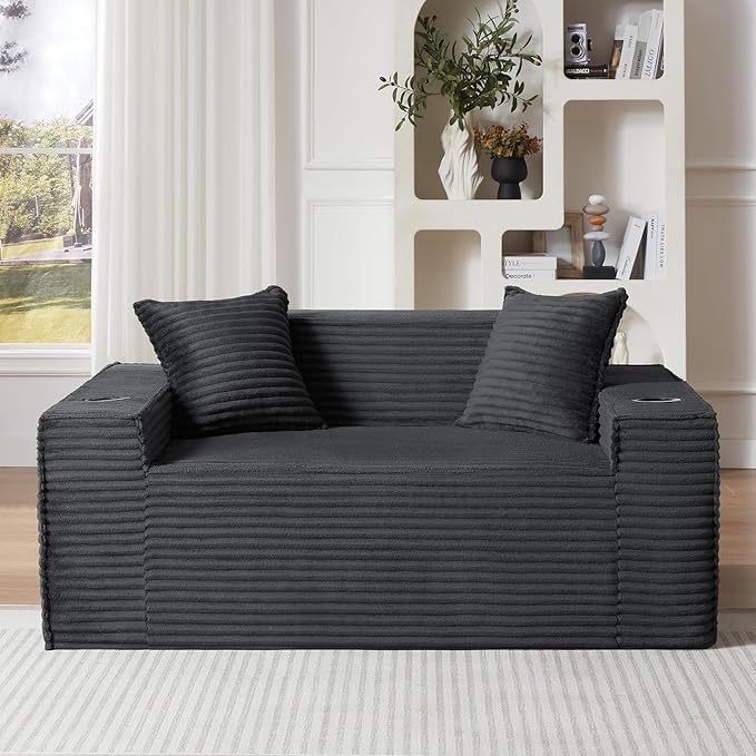 Cloud Loveseat Sofa Small Couch Boneless Couch with Cup Holders &amp Side Pocket Comfy Foam Bean Bag Sofa Chair Modern Fluffy Couches for Living Room Bedroom Small Space No Assembly(Grey 61.02