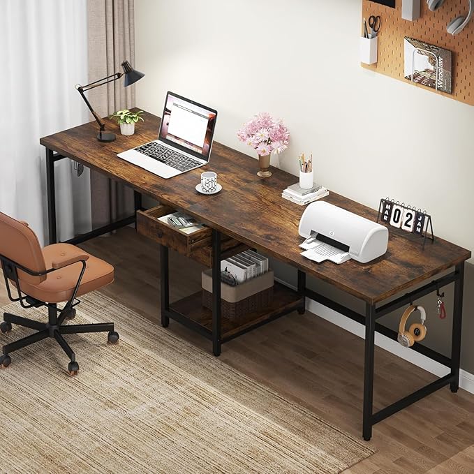 79 Inch Brown Two Person Desk with Drawers Extra Long Desk with Storage Shelves Double Home Office Desk with Hooks 2 Person Writing Study Table Workstation for Home Office