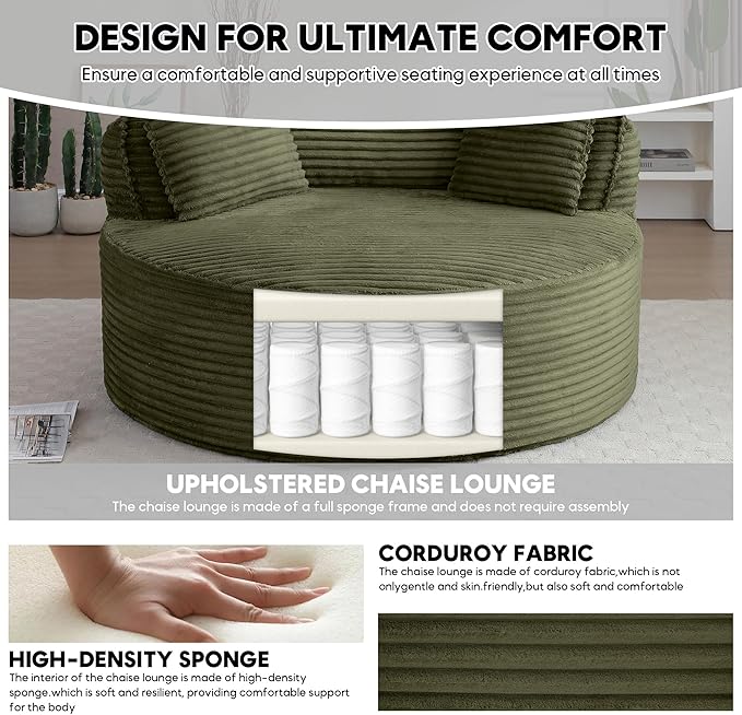 Oversized Round Chair Lounge Chaise Indoor 53.5 Corduroy Boneless Round Chair Fluffy Single Deep Seat Cloud Sofa Chairs Modern Circle Chaise Lounge for Bedroom Living Room Green