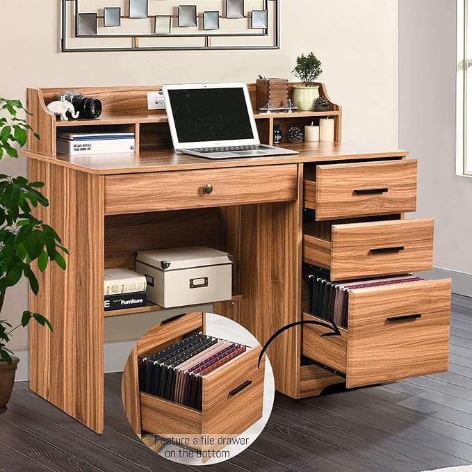 Catrimown Computer Desk with 4 Drawers and Hutch Home Office Desk with File Drawer 44” Rustic Oak Wood Desk Study Table for Bedroom Rustic Oak