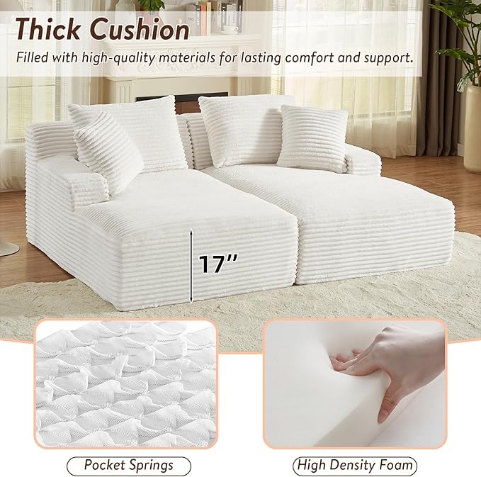 Oversized Double Chaise Lounge Chair Indoor Fluffy Upholstered Corduroy Sofa Bed with Throw Pillows Comfy Sleeper Deep Seat Sectional Loveseat Sofa Couch for Living Room (Beige)