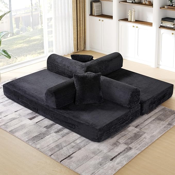 Convertible Folding Sofa Bed Corduroy Sleeper Mattress Couch with Fixed-Shape Frame Free Combination Loveseat Lounge Floor Sofa Queen Size Memory Foam Couch for Living Room Bedroom Black