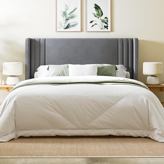 Allewie Queen Size Velvet Platform Bed Frame with Vertical Tufted Wingback Headboard Easy Assembly Under Bed Storage No Box Spring Required Modern Style Grey