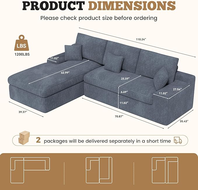 112 Modular Sectional Sofa for Living Room Convertible L-Shape Couch with OttomanCloud Boneless Couch with Layered CushionGary Corduroy