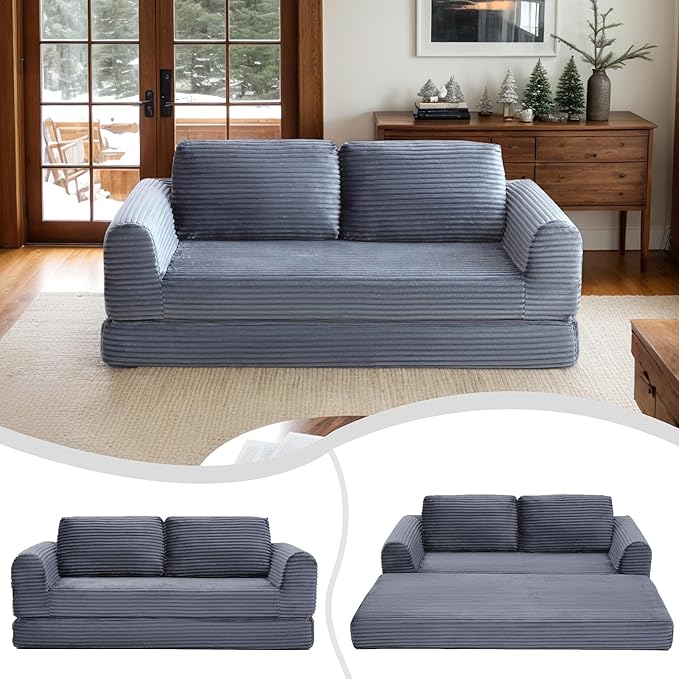82 Corduroy Convertible Boneless Couch with Pull-Out Bed 2 in-1 Folding Convertible Sofa Bed with Pillows Loveseat Floor Sofa Couches for Living Room No Assembly Required (Grey) | Breathable Mater