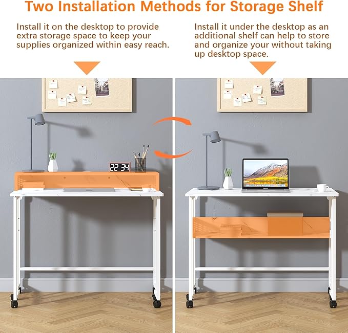 Gezen Folding Desk With Storage Shelf Small Rolling With Wheels Mobile Couch Sofa Side Table Bed for Home Office Small Space White Marble 39.4