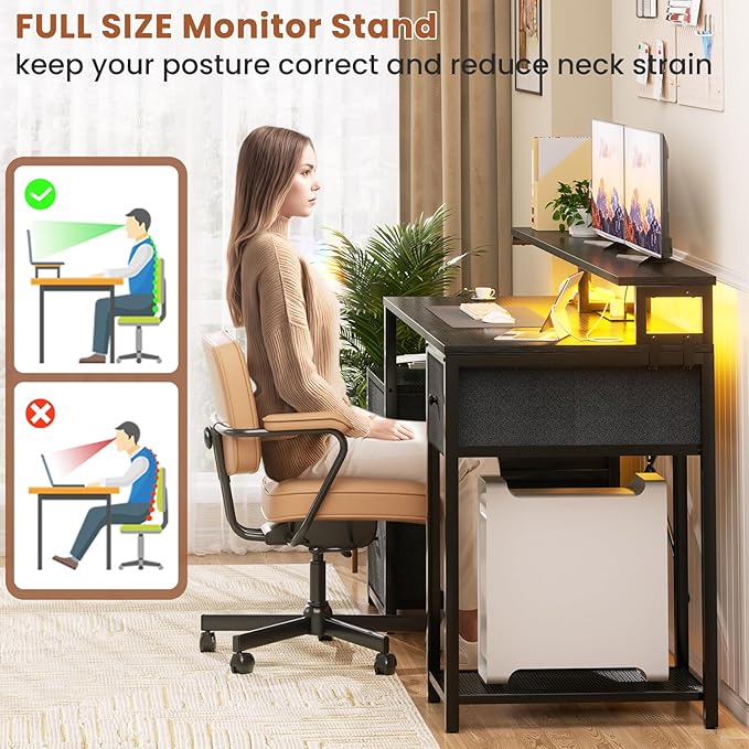 Aheaplus Computer Desk with 3 Drawers Home Office Desk with File Drawer &amp Power Outlet 59'' Gaming Desk with Led Lights Long Work Desk with Storage Shelves Printer Cabinet and Monitor Shelf B