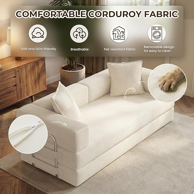 Convertible Sofa Bed78 Inch Folding Futon Sofa BedSleeper Sofa Bed with Fixed-Shape FrameBoneless Couch Loveseat with Pull Out Bed for Living Room with 2 PillowsNo Assembly Required Beige | Tool-