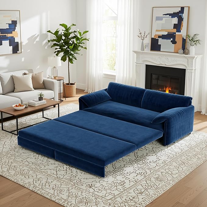 Homy Casa 66 3-in-1 Convertible Sofa Bed Queen Size Pull-Out Bed with Side Storage Velvet Loveseat Modern Sleeper Sofa for Living Room Office or Guest Room (Blue)