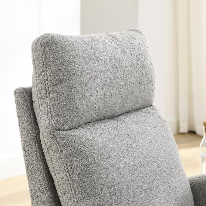 Modern Accent High Back Rocking Chair with Side Pockets Grey Teddy Fabric for Living Room and Nursery