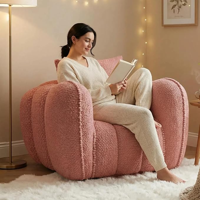 Furnimart Pumpkin Single Sofa Oversized Could Comfy Accent Chair Foam Boneless Chair Wide Seat Modern Small Couch for Living Room Bedroom Assemble Free(Pink)