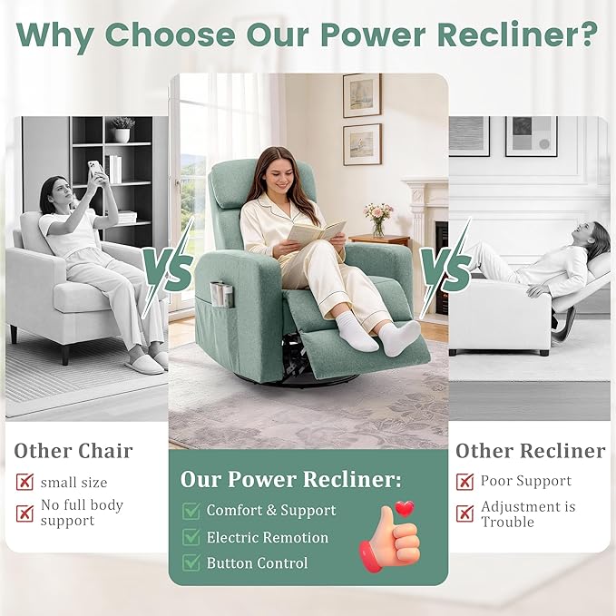 Power Swivel Recliner Chairs for Adults Electric Glider Rocking Chair Nursery Glider Recliner Nursery Chair with Classified Side Pocket Nursery Rocking Chairs with USB and Type-C Ports