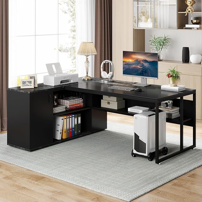 LITTLE TREE Large Executive Desk with File Cabinet 71 inch L Shaped Computer Desk Office Desk with Drawers and Storage Shelves Business Furniture Desk Workstation for Home Office Black