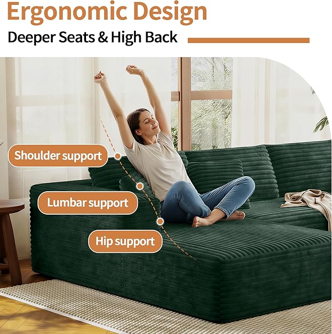 107 Modular Sectional Couches for Living Room Comfy L-Shaped Boneless Cloud Couch with Chaise Modern Deep Seat Corduroy Floor Sofa No Assembly Required (Left Facing Chaise Green) | High-density s