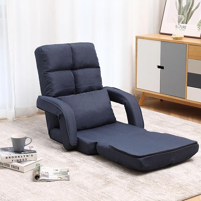 Indoor Floor Chair with Armrest and Pillow Folding Chaise Lounge Sofa 14-Position Adjustable Comfy Gaming Recliner Chair Padded Seats for Adults (Blue)
