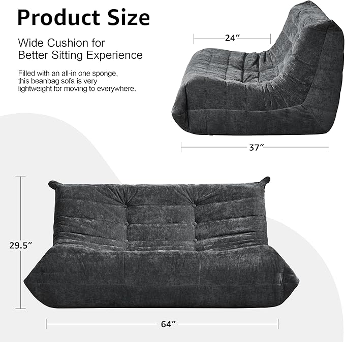 Bean Bag Chairs for Adults Giant Bean Bag Chair Memory Foam BeanBag Chair Bean Bag Sofa with Filler Faux Fur Fireside Beanbags Lazy Sofa for Living Room Bedroom Office (Darkgrey Chenille Loveseat)