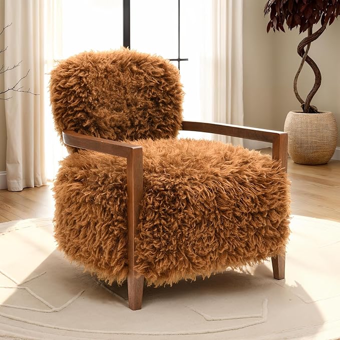 Modern Luxury Reading Chair with Wooden HandrailComfortable Faux Fur Side Chair Accent Chair for ApartmentLiving RoomOfficeStudyCamel+Brown