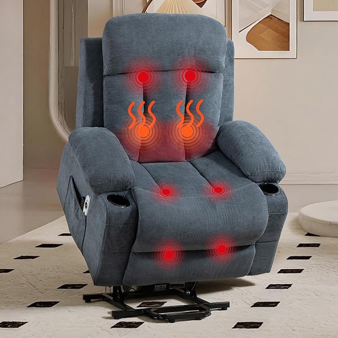 Power Lift Recliner Chair for Elderly People w/Vibration Massage and Lumbar Heat Lift Chair for Adult w/Cup Holder USB Charge Port for Living Room Bedroom Blue