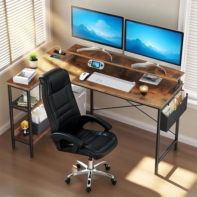 47'' L Shaped Gaming Desk with Power Outlets Reversible Corner Computer Desk with Monitor Stand Storage Shelves Side Bag Home Office Desks for Home Office Gaming (Black+Brown 47 Inch)