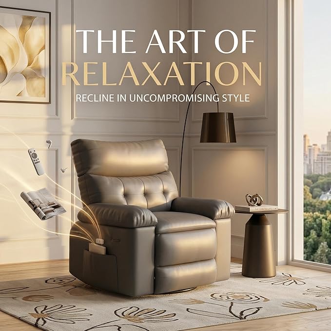 IDEALHOUSE Recliner Chair 22 Wide Seat Recliner Oversized PU Leather Living Room Chairs Wipe Clean Manual Push-Back Reading Chair with Side Pocket Grey