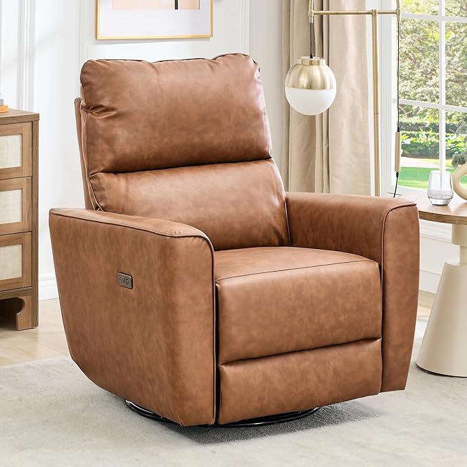 GarveeHome Power Recliner Chair 270° Swivel Rocking Glider with USB Charging Port PU Leather Upholstered Fabric Ergonomic Modern Nursery Chair for Living Room Bedroom Nursery (Brown)