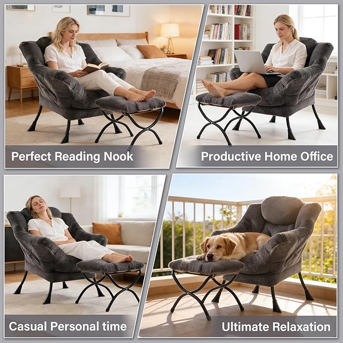 Plush Lazy Chair and Ottoman Large Dark Grey Contemporary Accent Chair with Side Pocket Modern Leisure Upholstered Reading Armchair with Footrest for Office Bedroom Living Room Balcony