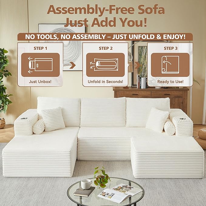 Kiztir 107 Boneless Couches for Living Room Corduroy Cloud Couch with Cup Holder and Pillows Convertible Deep Seat Sectional Sofa with Ottoman No Assembly Required (Beige) | Free Combination Wide