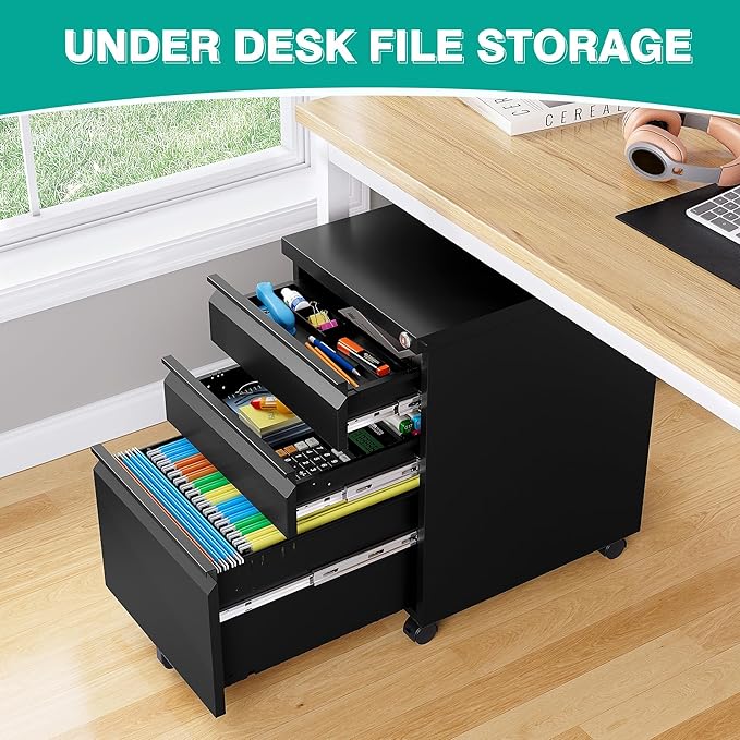 3 Drawer File Cabinet with LockUnder Desk File Cabinet with WheelsBlack Rolling Filing CabinetsThree Drawer Metal Filing Cabinet for Home OfficeFit A4/Letter/Legal File- Assembly Required